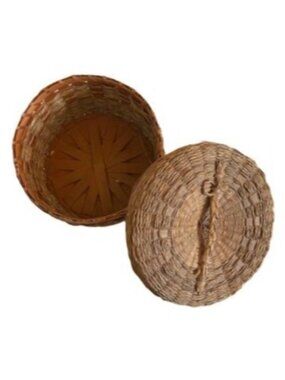 Round Woven Basket With Lid Natural Straw & Wood Base 6.5" Diameter x 3" Height